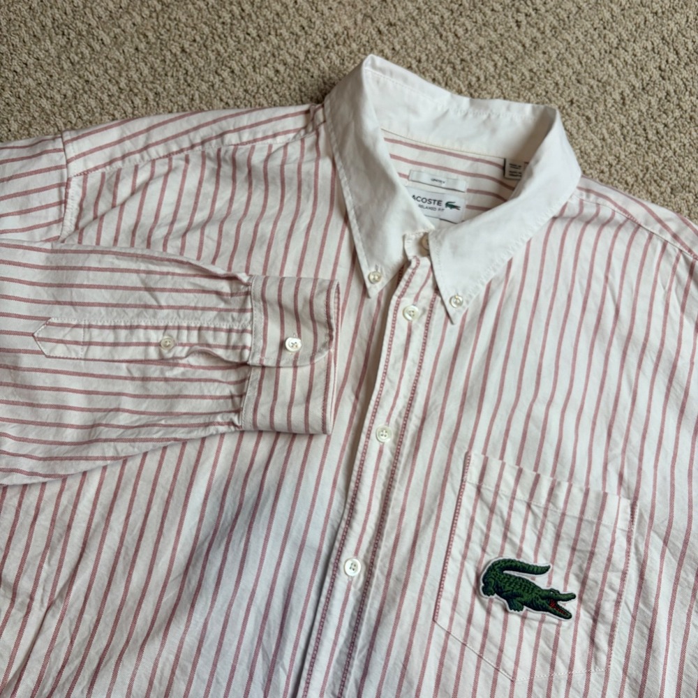 Lacoste Relaxed Fit Striped Button Down Shirt Red White XXL Unisex